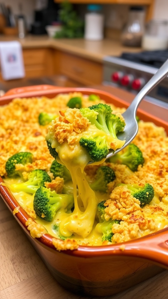 Cheesy Broccoli Casserole with green broccoli, creamy cheese sauce, and golden breadcrumb topping in a rustic baking dish.